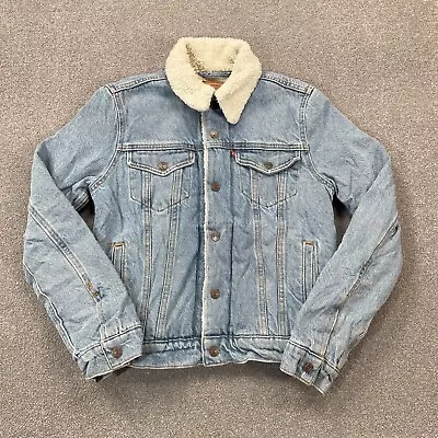 Buy Levis Denim Jacket Womens Small Blue Sherpa Lined Red Tab Trucker Snap USA Lady • 34.99£