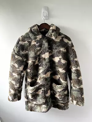 Buy H&M Camouflage Pattern Teddy Borg Fur Coat Jacket Green Khaki Brown XS S 6 8 • 4.99£