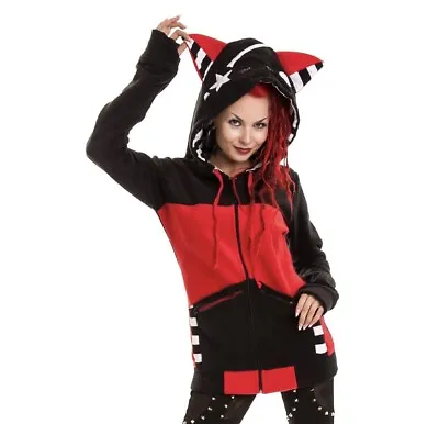 Buy Bye Bye Kitty Star Hood Black Red Hoodie Stripe Top Gothic Goth Emo Scene Y2K M • 42.99£