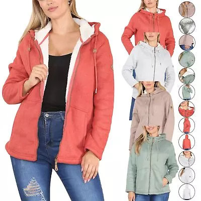 Buy Ladies Hooded Fleece Sherpa Lined Jacket Womens Chunky Knit Zip Cardigan Jumper • 12.99£