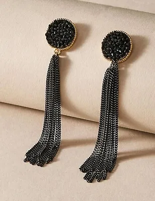 Buy Rhinestone Decor Black Tassel Drop Earrings Gift For Women Long Costume Jewelry • 3.49£