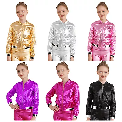 Buy UK Kids Girls Shiny Metallic Bomber Jacket Coat Hip Hop Jazz Disco Dance Tops • 12.91£