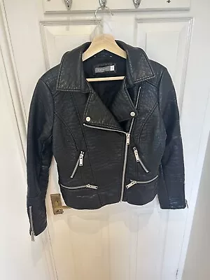 Buy Ladies Mint Velvet Black Faux Leather Bike Jacket Silver Details Zips VGC • 34.99£