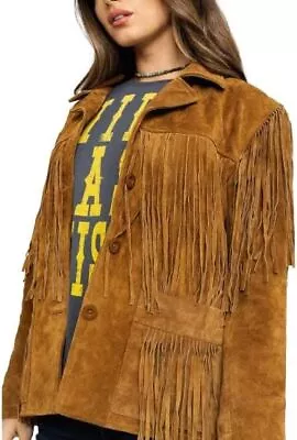 Buy Womens Western Leather Suede Cowgirl Brown Native American Fringes Tassel Jacket • 130.28£
