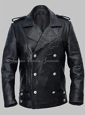 Buy Men's German Naval Military Pea Coat Black Cowhide Genuine Leather Jacket • 99£