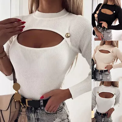 Buy Womens Cut Out Ribbed Tops Jumper Ladies Sexy Slim Fit Casual Shirt Pullover 16 • 13.79£
