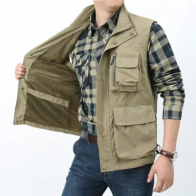 Buy Men Waistcoat Multi Pockets Sleeveless Cargo Jacket Vest Gilet Fishing Zip Tops • 25.55£