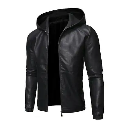 Buy Men's Biker Leather Jacket, Black Biker Real Leather Jacket With Hood • 19£