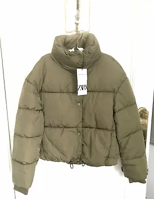 Buy Zara Short Puffer Jacket Khaki With High Collar & Hidden Hood XS BNWT LAST ONE • 44£