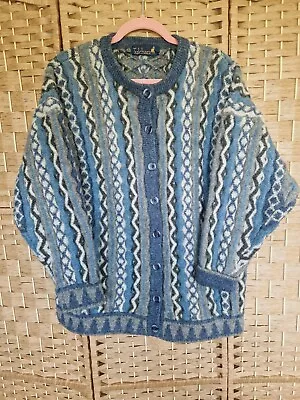 Buy Vintage 90s Tulchan Cardigan Blue Wool Oversized Coogi L XL Unisex Festival Ugly • 42.99£