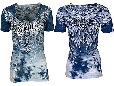 Buy Sinful By Affliction Women's T-shirt Mystique Biker Tattoo Cross • 23.63£