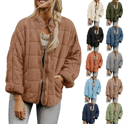 Buy Zip Up Padded Jacket For Women Loose Quilted Long Sleeve Coat Stand Collar • 34.93£