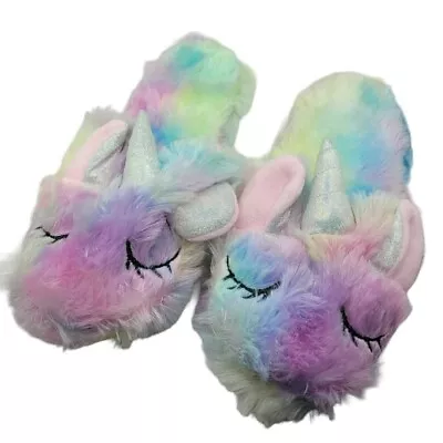 Buy Unicorn Slippers Fluffy Rainbow Soft Slip On Ears Horn Eyes Fuzzy Comfy Lounge • 6.39£