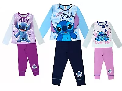 Buy Girls Lilo & Stitch Pyjamas PJs 4-13 Years Purple Grey Pink Long Sleeved Trouser • 9.99£