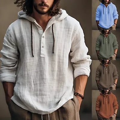 Buy Men's Cotton Linen Hoodies Drawstring Button Hooded Swaeatshirts T Shirts Tops • 9.59£