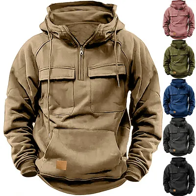 Buy Mens Cargo Combat Hoodie Long Sleeve Half Zip Sport Army Tactical Sweatshirt Top • 5.29£