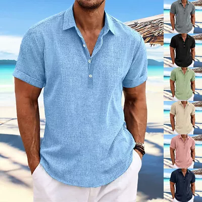 Buy Mens Short Sleeve T Shirts Summer Casual Button-Up Solid Shirt Blouse Tops Tee • 12.99£
