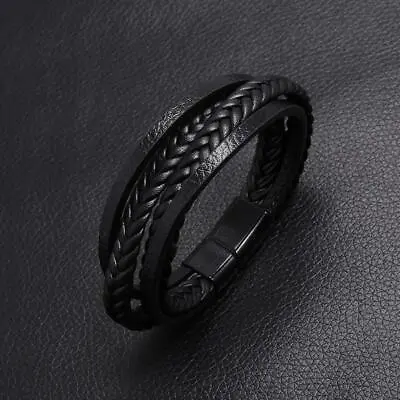 Buy Men's Black Leather Bracelet Magnetic Clasp 7.5 Inch Gift For Him Jewelry • 7.99£