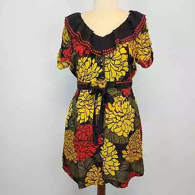 Buy Leifsdottir Floral Silk Cathedral Garden Dress 12 Yellow Red Ruffle V-neck Retro • 75.55£