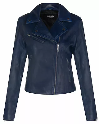 Buy Ladies Leather Biker Jacket Classic Navy Blue Real Lamb Nappa Gothic Jacket • 74.99£