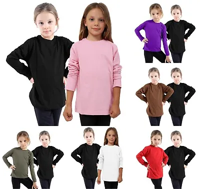 Buy 2X Kids Boys Girls Plain T Shirts **Crew Neck Full Sleeve** T-Shirt Basic Tops  • 7.99£
