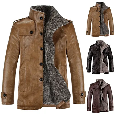 Buy Men Warm Winter Overcoat Faux Leather Fur Lined Thick Coat Fashion Cowboy Jacket • 14.39£