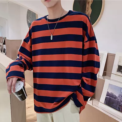 Buy Mens Long Sleeve T Shirt Tops Basic Striped Tee Shirt Pullover Loose Crew Neck • 11.99£