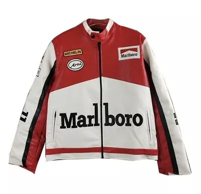Buy New Men's  Red & White Marlboro Leather Jacket, Formula 1 Biker Jacket • 91.99£