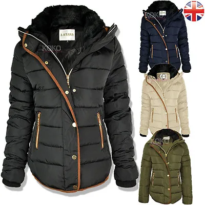 Buy Womens Ladies Quilted Winter Coat Puffer Fur Collar Hooded Jacket Parka Size New • 32.99£