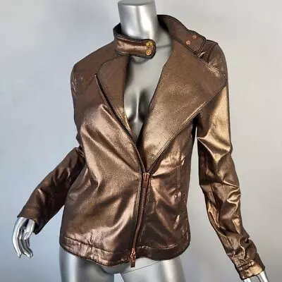 Buy Nwt~7 For All Mankind~m/l~copper Gold Metallic Moto Biker Denim Jean Jacket Coat • 89.99£
