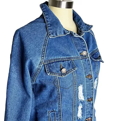 Buy Womens Size S Medium Wash Distressed Destroyed Denim Jacket • 19.49£