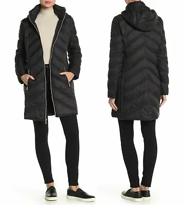 Buy MICHAEL KORS Chevron Quilted Packable Hooded Down Puffer Jacket Coat XS Black • 115.28£