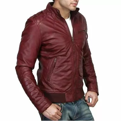 Buy NOORA New Burgundy MENS Inspired Motorbike Maroon Bomber Real Leather Jacket S23 • 140£