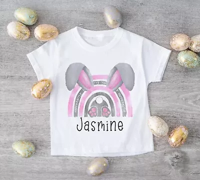 Buy Easter Bunny Rainbow~ CHILDREN'S  T SHIRT ~Personalised Easter Gift~ Pink Ref3 • 8.99£