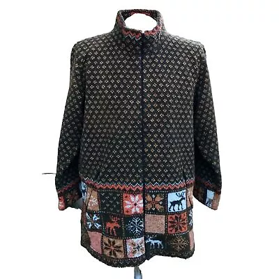 Buy Vintage David Nieper Nordic Winter Patterned Teddy Fleece Jacket L Reindeer Dot • 14.99£