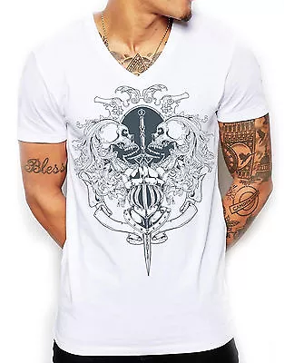 Buy Distinkt Youth Death By Sword Mens Deep V Neck T Shirt Skull Knight Top 105 • 16.99£