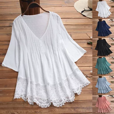 Buy Plus Size 20-28 Womens 3/4 Sleeve Tunic Tops Summer Lace V Neck T Shirts Blouse • 3.29£