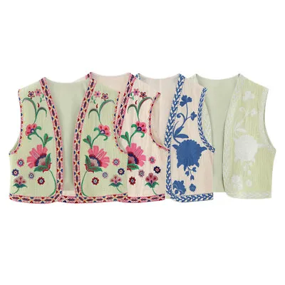 Buy Womens Boho Floral Vest Coat Embroidery Waistcoat Short Cardigan Jacket Vintage • 13.39£