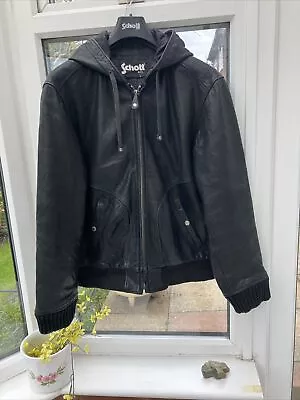 Buy Schott Cowhide Black Leather Hooded Bomber Jacket Size Large • 101£
