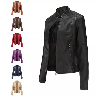 Buy Women Biker Jacket Slim Ladies Faux Leather Zip Stand-up Collar Outerwear UK8-12 • 34.63£