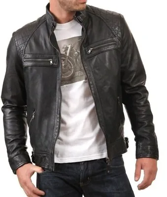 Buy New Men's Genuine Lambskin Leather Jacket Black Slim Fit Biker Motorcycle Jacket • 25£