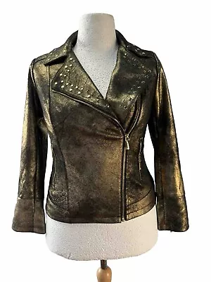Buy EX Julien Macdonald Biker Jacket Soft Faux Leather  Metallic Studded Black 10 • 18.99£