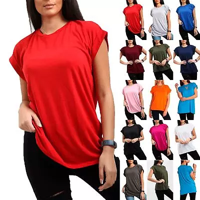 Buy Womens Plain Baggy Oversized Tee Top Ladies Short Turn Up Cap Sleeve T Shirt • 4.49£