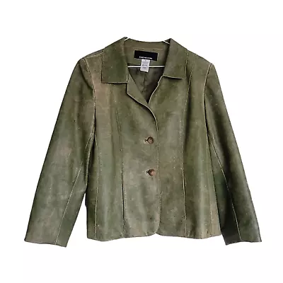 Buy Jones New York Green Distressed Relaxed 2 Button Leather Jacket • 53.04£