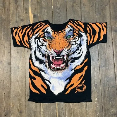 Buy Vintage Tiger T-Shirt All Over Print Graphic Single Stitch Tee, Black, Mens XL • 150£