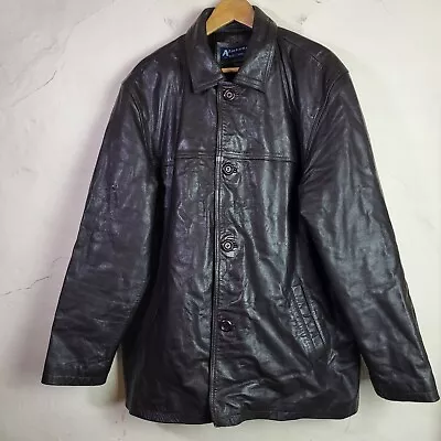 Buy Armando Mens XL Vintage Leather Jacket Brown Button Biker Y2K Overcoat • 29.69£