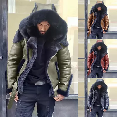Buy Men Plus Size Fleece Overcoat Winter Warm Outdoor Leather Fur Collar Coat Jacket • 55.19£