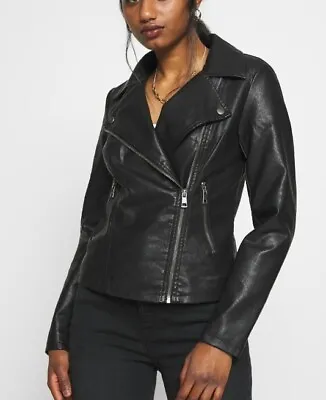 Buy Only ONLMELISA BIKER Faux Leather Jacket Black Womens Size UK 8 REF RP56 • 34.99£