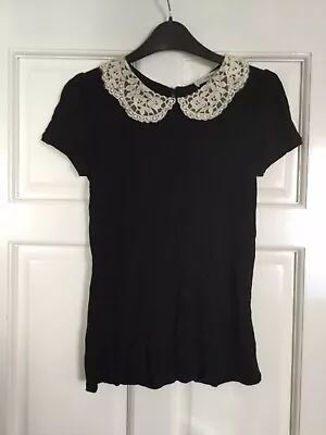 Buy Oasis Black Top With Cream Lace And Beading Peter Pan Style Collar. Size XS • 13.50£