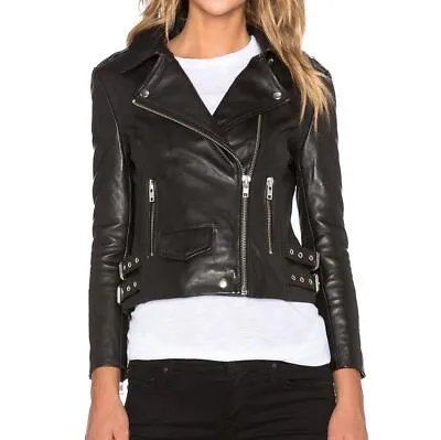 Buy Women Slim Fit Motorcycle Black Lambskin Biker Genuine Leather Jacket • 32.66£